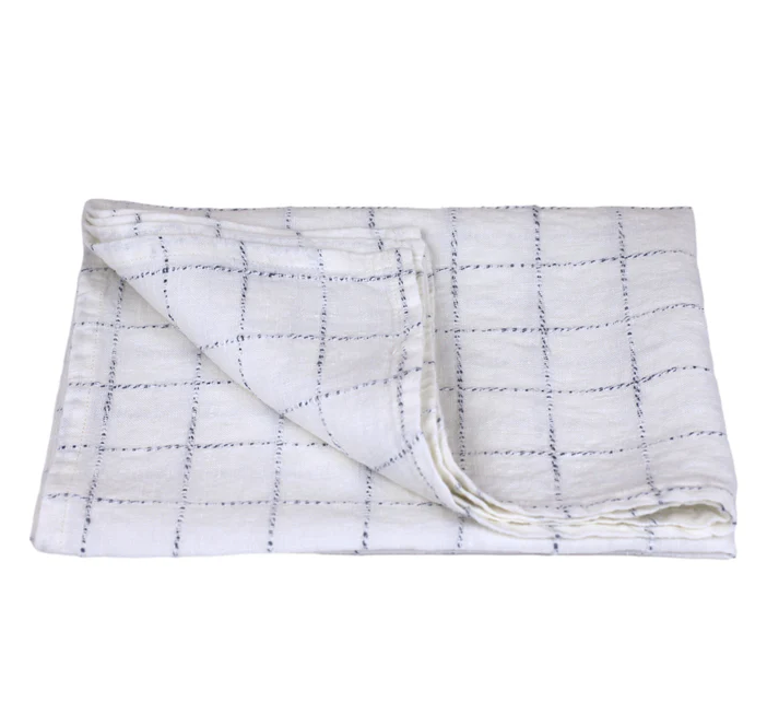 Medium Thick Linen Hand Towel - Stonewashed With Twisted Blue Yarn Squares from Linen Casa.