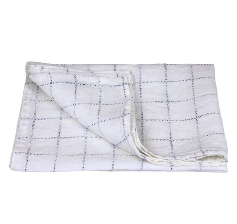 Linen Hand Towel - Stonewashed - White w/ Twisted Blue Yarn Squares - Medium Thick Linen