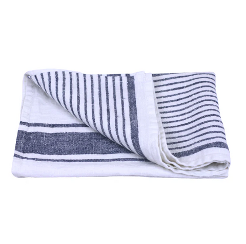 Linen Hand Towel - Stonewashed - White w/ Blue Stripes - Luxury Thick Linen