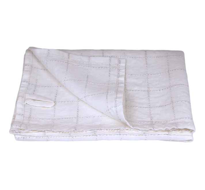 Stonewashed White with Twisted Natural Yarn Squares  Medium Thick Linen Hand Towel from Linen Casa