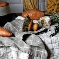 Stonewashed - Off White with Natural Squares - Medium Thick Linen Hand Towel from LinenCasa.