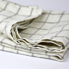 Stonewashed - Off White with Natural Squares - Medium Thick Linen Hand Towel from LinenCasa.