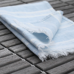 Stonewashed Sky Blue with White Stripes and Frayed Edges Luxury Thick Linen Guest Towel from LinenCasa.