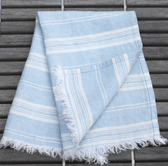 Stonewashed Sky Blue with White Stripes and Frayed Edges Luxury Thick Linen Guest Towel from LinenCasa.