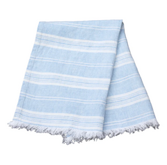 Stonewashed Sky Blue with White Stripes and Frayed Edges Luxury Thick Linen Guest Towel from LinenCasa.