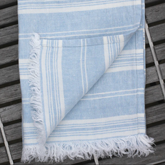 Stonewashed Sky Blue with White Stripes and Frayed Edges Luxury Thick Linen Guest Towel from LinenCasa.