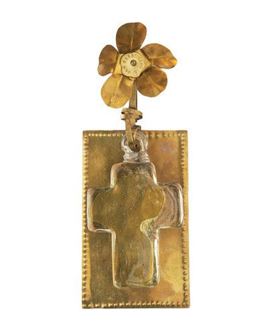 Cross Ornament Brass w/ Flower & Glass Cross